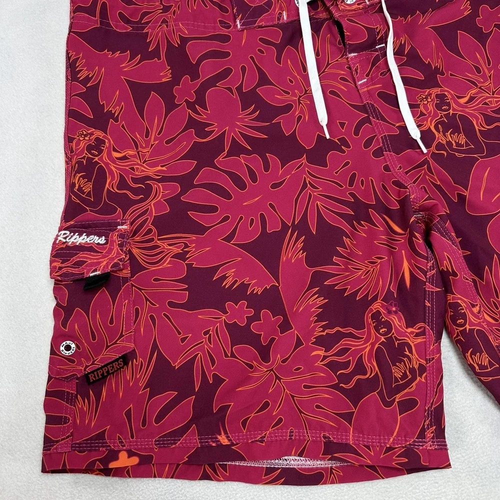 Maui Rippers Board Shorts Mens 32 Red Hawaiian Mermaid Floral Swim Tropical